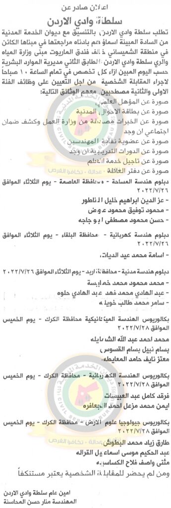 اعلان مقابلات شخصية في عدة مؤسسات صادر عن ديوان الخدمة المدنية